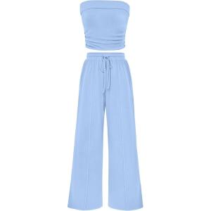 imagePRETTYGARDEN Womens Summer Outfits 2 Piece Sets Casual Ribbed Knit Crop Tube Top Wide Leg Pants Spring Matching Lounge SetLight Blue