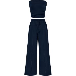 imagePRETTYGARDEN Womens Summer Outfits 2 Piece Sets Casual Ribbed Knit Crop Tube Top Wide Leg Pants Spring Matching Lounge SetNavy
