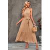 imagePRETTYGARDEN Womens Summer Floral Maxi Sun Dress Sleeveless Halter Neck Flowy Ruffle Hem Long Boho Dresses with BeltSolid Apricot