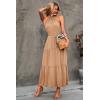imagePRETTYGARDEN Womens Summer Floral Maxi Sun Dress Sleeveless Halter Neck Flowy Ruffle Hem Long Boho Dresses with BeltSolid Apricot