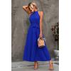 imagePRETTYGARDEN Womens Summer Floral Maxi Sun Dress Sleeveless Halter Neck Flowy Ruffle Hem Long Boho Dresses with BeltSolid Blue