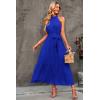 imagePRETTYGARDEN Womens Summer Floral Maxi Sun Dress Sleeveless Halter Neck Flowy Ruffle Hem Long Boho Dresses with BeltSolid Blue