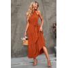imagePRETTYGARDEN Womens Summer Floral Maxi Sun Dress Sleeveless Halter Neck Flowy Ruffle Hem Long Boho Dresses with BeltSolid Brown