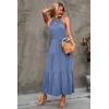 imagePRETTYGARDEN Womens Summer Floral Maxi Sun Dress Sleeveless Halter Neck Flowy Ruffle Hem Long Boho Dresses with BeltSolid Grey Blue