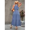 imagePRETTYGARDEN Womens Summer Floral Maxi Sun Dress Sleeveless Halter Neck Flowy Ruffle Hem Long Boho Dresses with BeltSolid Grey Blue