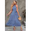 imagePRETTYGARDEN Womens Summer Floral Maxi Sun Dress Sleeveless Halter Neck Flowy Ruffle Hem Long Boho Dresses with BeltSolid Grey Blue