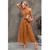 imagePRETTYGARDEN Womens Summer Floral Maxi Sun Dress Sleeveless Halter Neck Flowy Ruffle Hem Long Boho Dresses with BeltSolid Light Brown