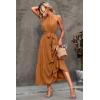 imagePRETTYGARDEN Womens Summer Floral Maxi Sun Dress Sleeveless Halter Neck Flowy Ruffle Hem Long Boho Dresses with BeltSolid Light Brown