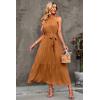 imagePRETTYGARDEN Womens Summer Floral Maxi Sun Dress Sleeveless Halter Neck Flowy Ruffle Hem Long Boho Dresses with BeltSolid Light Brown
