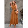 imagePRETTYGARDEN Womens Summer Floral Maxi Sun Dress Sleeveless Halter Neck Flowy Ruffle Hem Long Boho Dresses with BeltSolid Light Brown