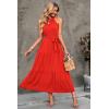 imagePRETTYGARDEN Womens Summer Floral Maxi Sun Dress Sleeveless Halter Neck Flowy Ruffle Hem Long Boho Dresses with BeltSolid Orange