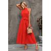 imagePRETTYGARDEN Womens Summer Floral Maxi Sun Dress Sleeveless Halter Neck Flowy Ruffle Hem Long Boho Dresses with BeltSolid Orange