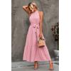 imagePRETTYGARDEN Womens Summer Floral Maxi Sun Dress Sleeveless Halter Neck Flowy Ruffle Hem Long Boho Dresses with BeltSolid Pink