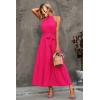 imagePRETTYGARDEN Womens Summer Floral Maxi Sun Dress Sleeveless Halter Neck Flowy Ruffle Hem Long Boho Dresses with BeltSolid Rose Red