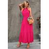 imagePRETTYGARDEN Womens Summer Floral Maxi Sun Dress Sleeveless Halter Neck Flowy Ruffle Hem Long Boho Dresses with BeltSolid Rose Red
