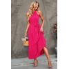 imagePRETTYGARDEN Womens Summer Floral Maxi Sun Dress Sleeveless Halter Neck Flowy Ruffle Hem Long Boho Dresses with BeltSolid Rose Red