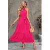 imagePRETTYGARDEN Womens Summer Floral Maxi Sun Dress Sleeveless Halter Neck Flowy Ruffle Hem Long Boho Dresses with BeltSolid Rose Red