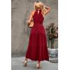 imagePRETTYGARDEN Womens Summer Floral Maxi Sun Dress Sleeveless Halter Neck Flowy Ruffle Hem Long Boho Dresses with BeltSolid Wine Red
