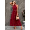 imagePRETTYGARDEN Womens Summer Floral Maxi Sun Dress Sleeveless Halter Neck Flowy Ruffle Hem Long Boho Dresses with BeltSolid Wine Red