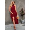 imagePRETTYGARDEN Womens Summer Floral Maxi Sun Dress Sleeveless Halter Neck Flowy Ruffle Hem Long Boho Dresses with BeltSolid Wine Red