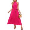 imagePRETTYGARDEN Womens Summer Floral Maxi Sun Dress Sleeveless Halter Neck Flowy Ruffle Hem Long Boho Dresses with BeltSolid Rose Red