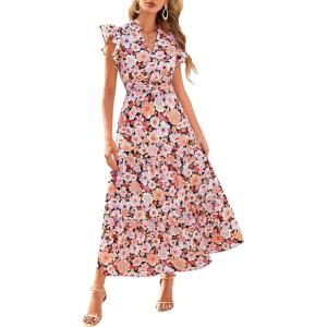 imagePRETTYGARDEN Womens 2025 Summer Floral Midi Dress Cap Sleeve V Neck Ruffle Long Flowy Boho Casual Beach Vacation DressesFloral Black Apricot