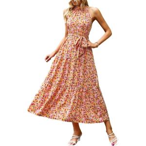 imagePRETTYGARDEN Womens Summer Floral Maxi Sun Dress Sleeveless Halter Neck Flowy Ruffle Hem Long Boho Dresses with BeltFloral Apricot