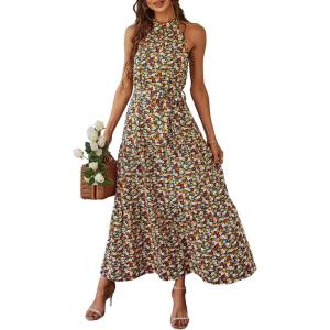 imagePRETTYGARDEN Womens Summer Floral Maxi Sun Dress Sleeveless Halter Neck Flowy Ruffle Hem Long Boho Dresses with BeltFloral Blue