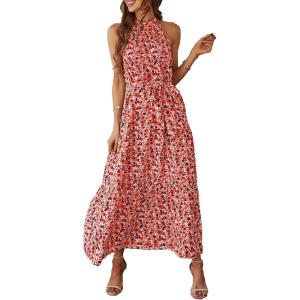 imagePRETTYGARDEN Womens Summer Floral Maxi Sun Dress Sleeveless Halter Neck Flowy Ruffle Hem Long Boho Dresses with BeltFloral Pink