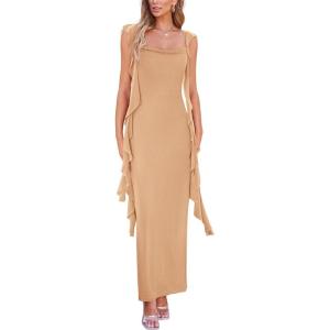 imagePRETTYGARDEN Womens Summer Long Formal Wedding Guest Dress Sleeveless Ruffle Cocktail Party Maxi Bodycon DressesApricot