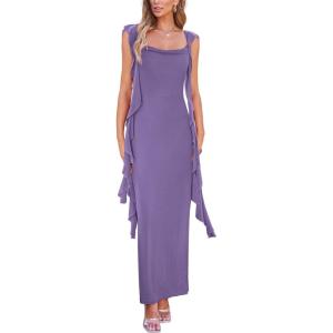 imagePRETTYGARDEN Womens Summer Long Formal Wedding Guest Dress Sleeveless Ruffle Cocktail Party Maxi Bodycon DressesDusty Violet