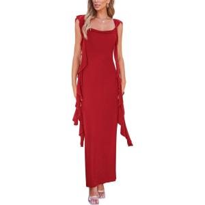imagePRETTYGARDEN Womens Summer Long Formal Wedding Guest Dress Sleeveless Ruffle Cocktail Party Maxi Bodycon DressesRed