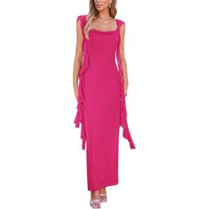 imagePRETTYGARDEN Womens Summer Long Formal Wedding Guest Dress Sleeveless Ruffle Cocktail Party Maxi Bodycon DressesRose Red