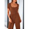imagePRETTYGARDEN Womens Summer One Piece Jumpsuits Dressy Casual Short Sleeve Square Neck Wide Leg Jumpsuit RompersBrown