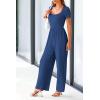 imagePRETTYGARDEN Womens Summer One Piece Jumpsuits Dressy Casual Short Sleeve Square Neck Wide Leg Jumpsuit RompersDark Blue