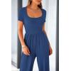 imagePRETTYGARDEN Womens Summer One Piece Jumpsuits Dressy Casual Short Sleeve Square Neck Wide Leg Jumpsuit RompersDark Blue