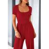 imagePRETTYGARDEN Womens Summer One Piece Jumpsuits Dressy Casual Short Sleeve Square Neck Wide Leg Jumpsuit RompersRed