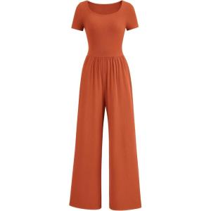 imagePRETTYGARDEN Womens Summer One Piece Jumpsuits Dressy Casual Short Sleeve Square Neck Wide Leg Jumpsuit RompersBrick Red