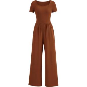 imagePRETTYGARDEN Womens Summer One Piece Jumpsuits Dressy Casual Short Sleeve Square Neck Wide Leg Jumpsuit RompersBrown