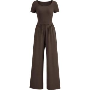imagePRETTYGARDEN Womens Summer One Piece Jumpsuits Dressy Casual Short Sleeve Square Neck Wide Leg Jumpsuit RompersCoffee