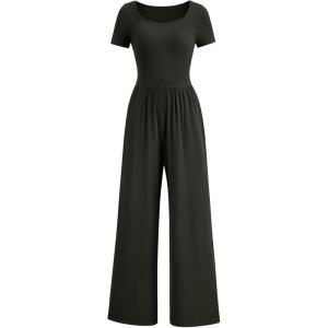 imagePRETTYGARDEN Womens Summer One Piece Jumpsuits Dressy Casual Short Sleeve Square Neck Wide Leg Jumpsuit RompersDark Army Green