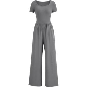 imagePRETTYGARDEN Womens Summer One Piece Jumpsuits Dressy Casual Short Sleeve Square Neck Wide Leg Jumpsuit RompersGrey