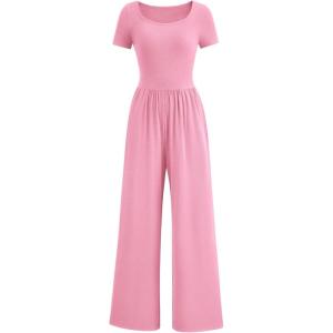 imagePRETTYGARDEN Womens Summer One Piece Jumpsuits Dressy Casual Short Sleeve Square Neck Wide Leg Jumpsuit RompersLight Pink