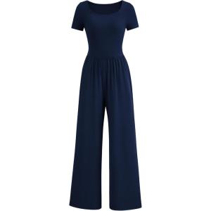 imagePRETTYGARDEN Womens Summer One Piece Jumpsuits Dressy Casual Short Sleeve Square Neck Wide Leg Jumpsuit RompersNavy