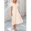 imagePRETTYGARDEN Summer Dress for Women 2025 Casual Short Sleeve Bow Tie V Neck Ruffle Midi Flowy DressesBeige