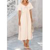 imagePRETTYGARDEN Summer Dress for Women 2025 Casual Short Sleeve Bow Tie V Neck Ruffle Midi Flowy DressesBeige