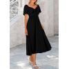 imagePRETTYGARDEN Summer Dress for Women 2025 Casual Short Sleeve Bow Tie V Neck Ruffle Midi Flowy DressesBlack