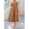 imagePRETTYGARDEN Summer Dress for Women 2025 Casual Short Sleeve Bow Tie V Neck Ruffle Midi Flowy DressesBrown