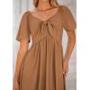 imagePRETTYGARDEN Summer Dress for Women 2025 Casual Short Sleeve Bow Tie V Neck Ruffle Midi Flowy DressesBrown