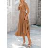 imagePRETTYGARDEN Summer Dress for Women 2025 Casual Short Sleeve Bow Tie V Neck Ruffle Midi Flowy DressesBrown